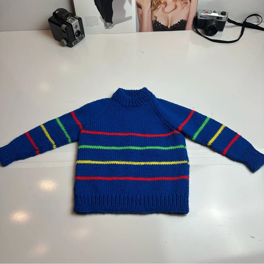 Vintage 80s Boys Striped Wool Blend Sweater Blue Mock Neck Heritage Prep